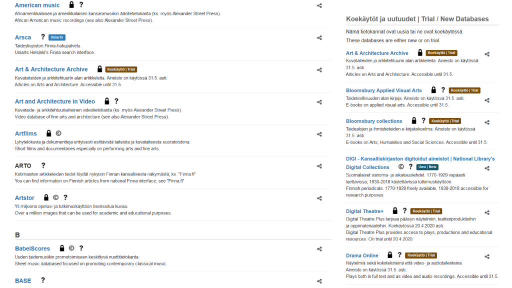 Kuva tietokantalistasta. Koekäytössä olevat uutuustietokannat löydät tietokantalistan oikeasta laidasta.