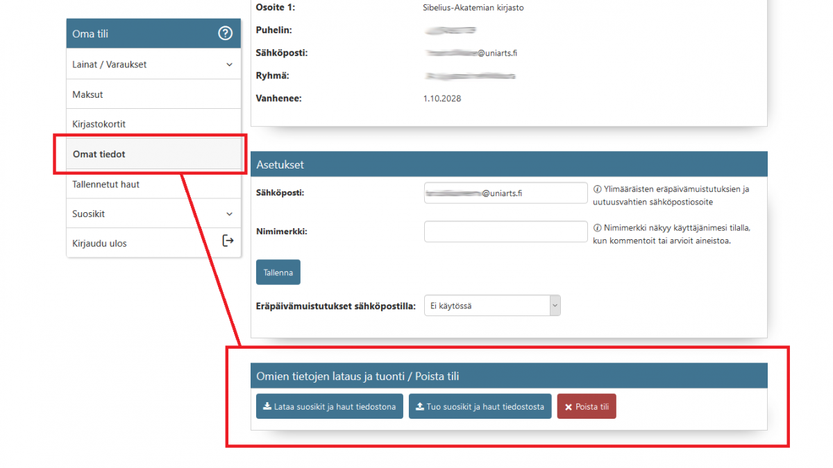 Ruutukaappaus Arscan Omat tiedot -sivulta